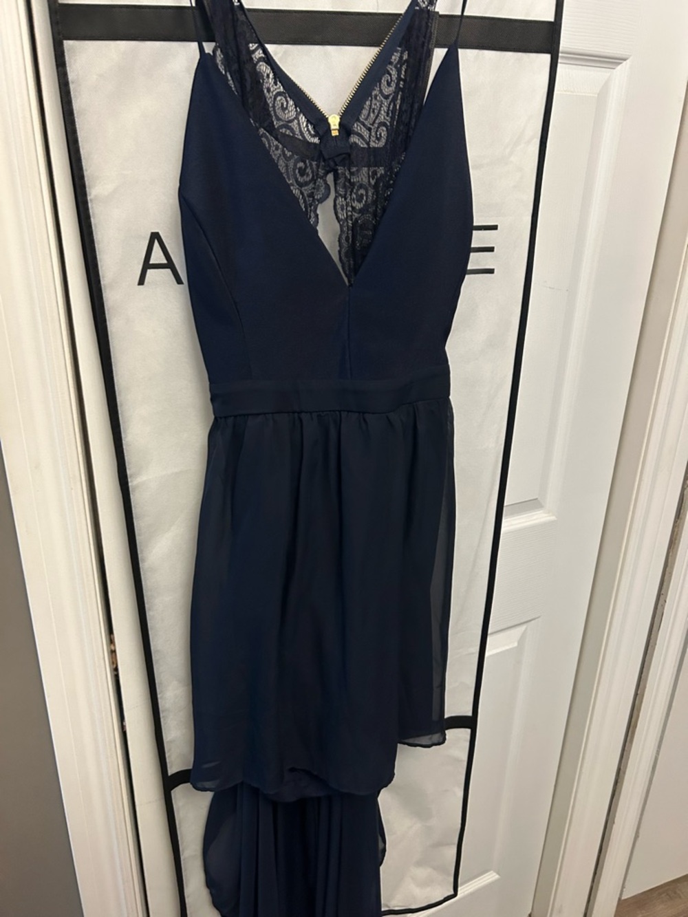 Le Chateau Women's Navy Lace V‑Neck High‑Low Dress